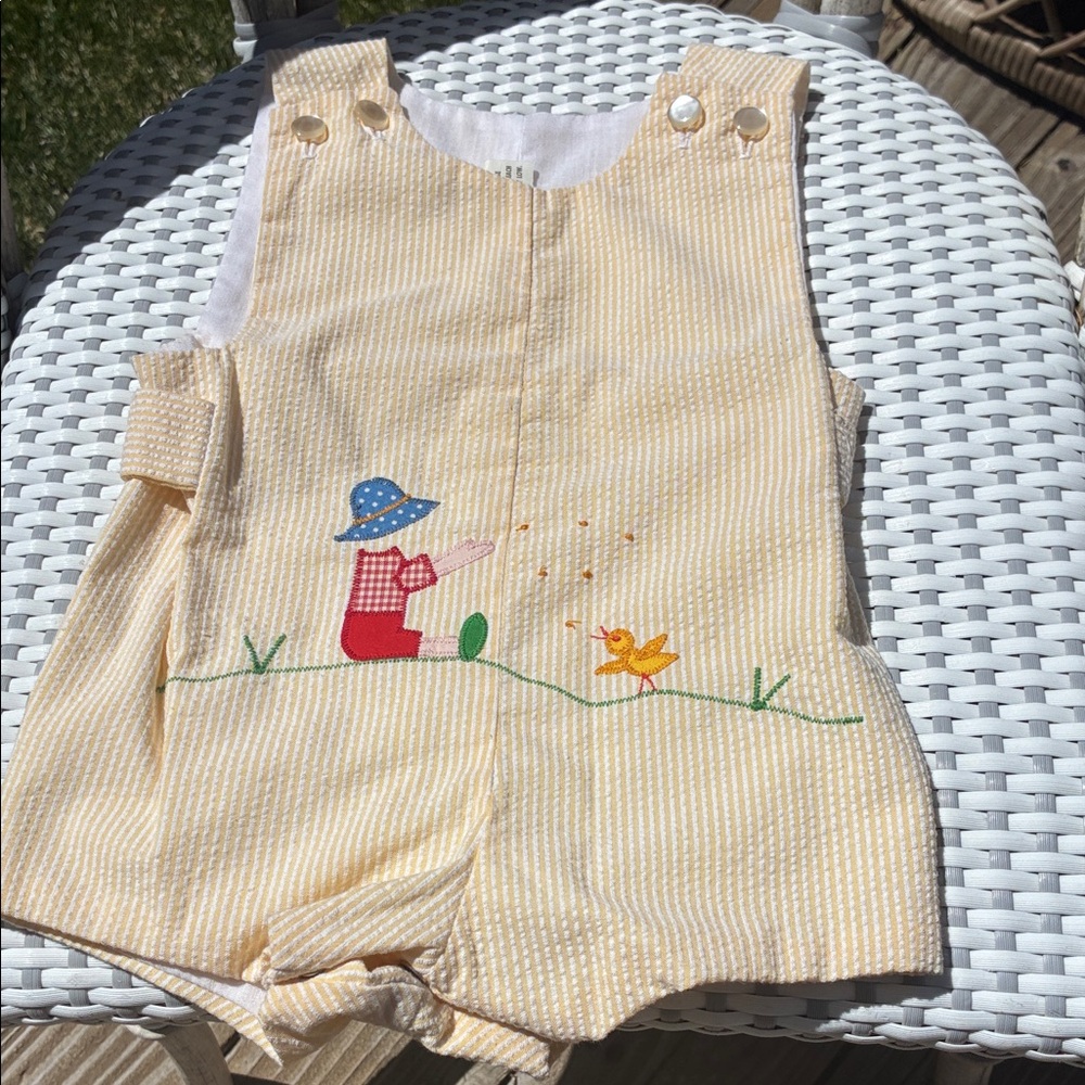 Yellow Seersucker Baby Shortall with Embroidered Sunbonnet Boy and Duck
